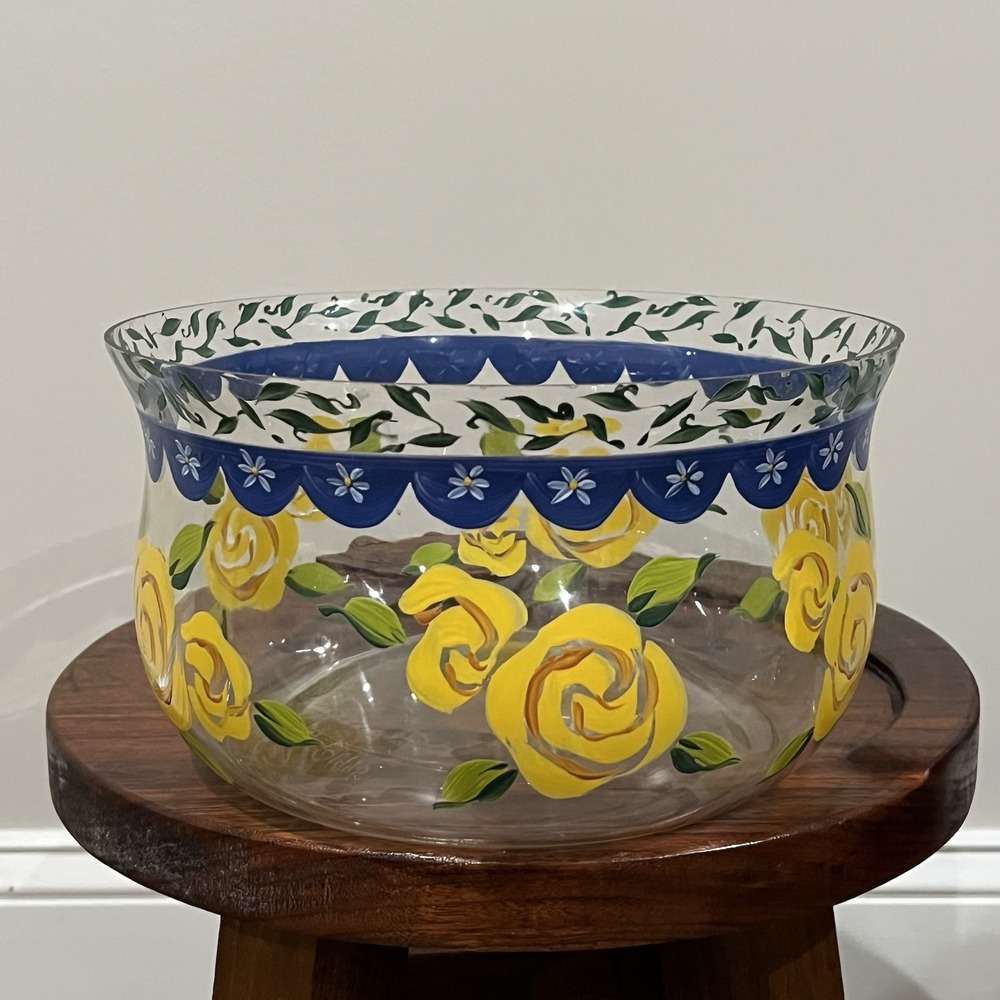 Vintage Tracy Porter Hand-Painted Large Glass 10" Serving Bowl Flowers Signed 95